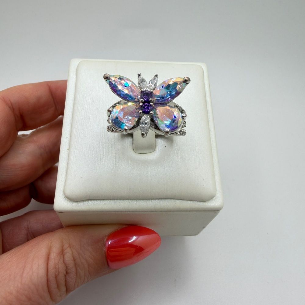 Kirks Folly Aurora Borealis‎ rhinestone butterfly ring in silver tone metal!